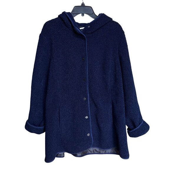 Dennis Basso XL Mixed Media Coat Hood Navy Gray Wool Blend Athleisure Chic Comfy - Picture 1 of 12